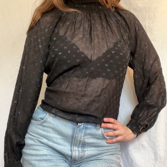 NWT & Other Stories Sheer Black & Navy Polka Dot Top - Picture 1 of 3
